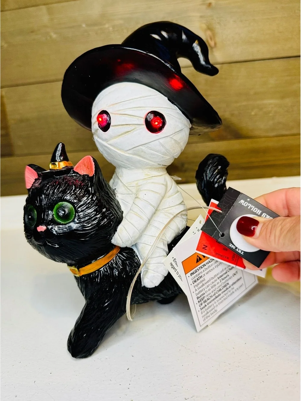 Halloween Mummy Riding Black Cat Figurine - Light Up Eyes Witch Hats 8